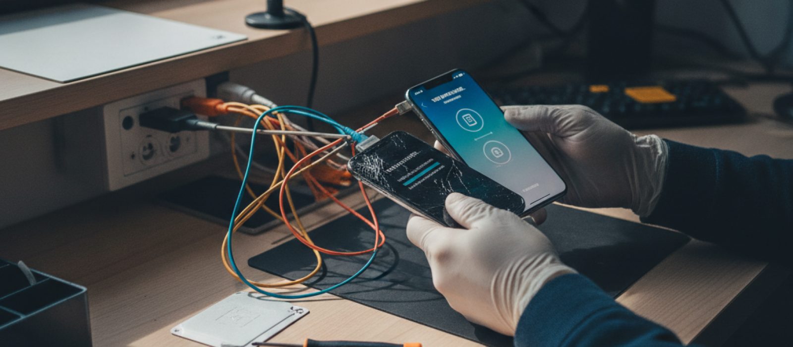 Yeni iPhone'a veri aktarımı yapan bir iPhone ve bir bilgisayarın görseli
