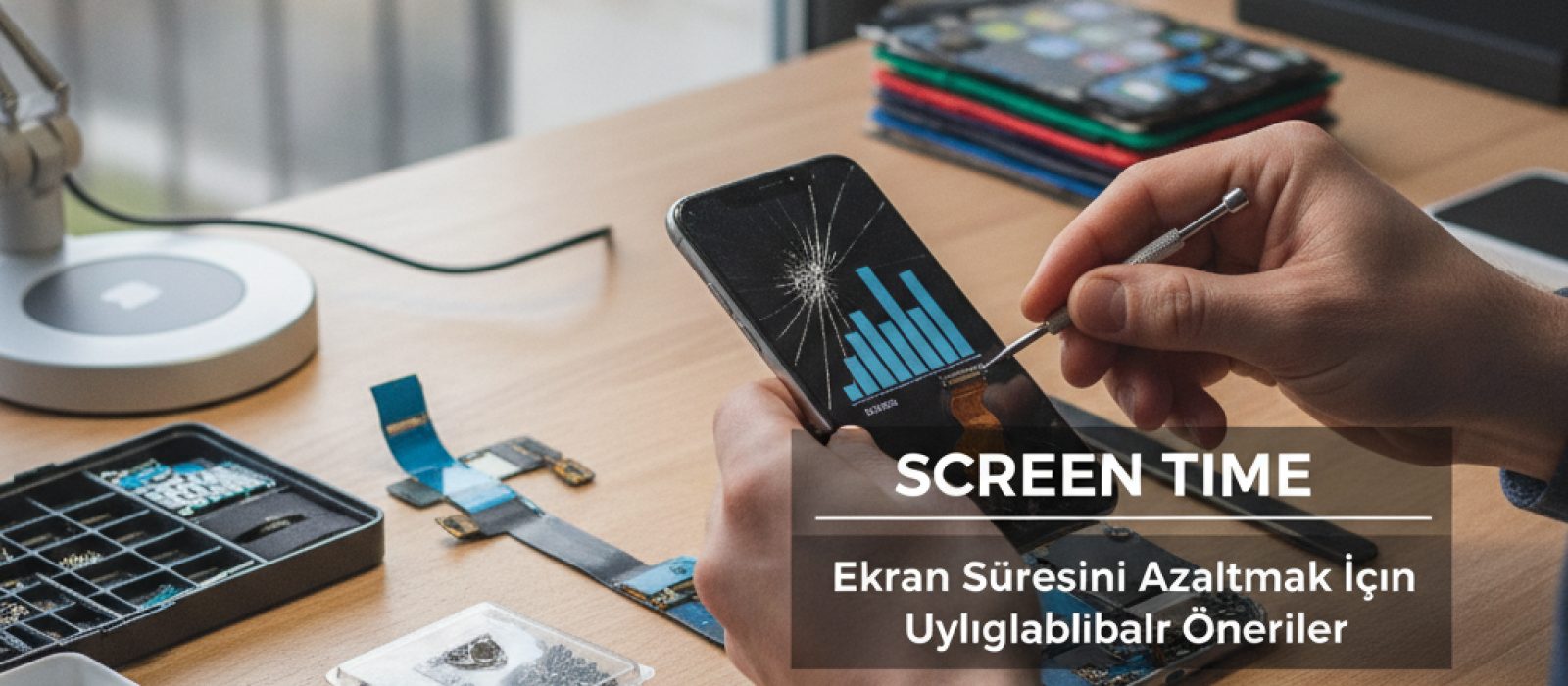 Gri tonlamalı iPhone ekranı ve yanında bir kitap ile kahve, dijital detoks ve ekran süresi azaltma konseptini vurguluyor.
