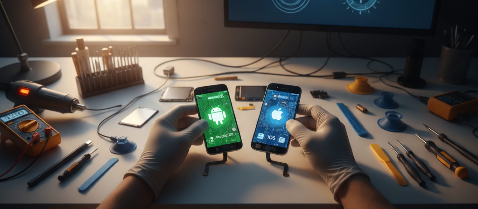 Android ve iOS logoları bir araya getirilmiş, mobil teknoloji farklarını vurgulayan bir görsel.