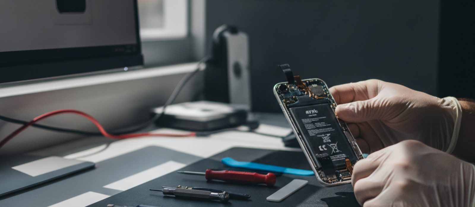 Apple logosu ve iPhone tamir ekipmanları ile servis politikasını anlatan görsel