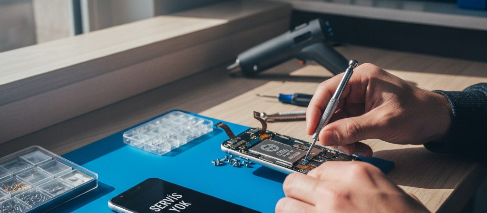 iPhone ekranında 'Servis Yok' uyarısı ve ağ sinyali olmayan bir telefon simgesi