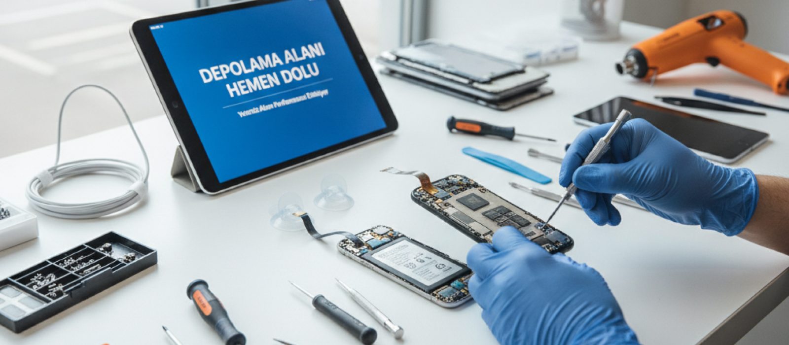 iPhone depolama alanı dolu uyarısı ve cihaz performans düşüşünü gösteren bir grafik