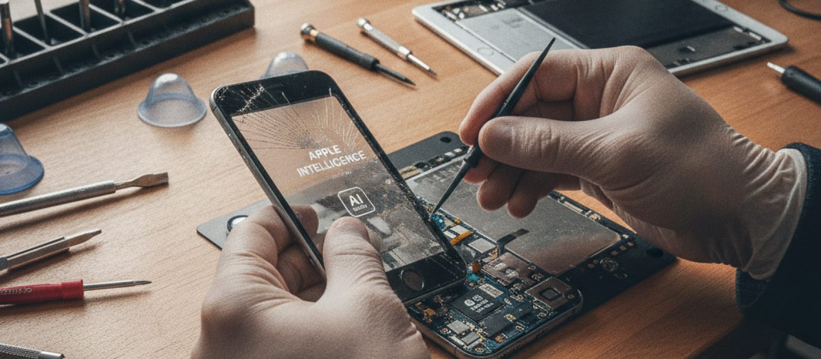 Apple Intelligence logosu ve farklı Apple cihazlarını kullanan insan siluetleri, yapay zeka özelliklerini temsil ediyor.