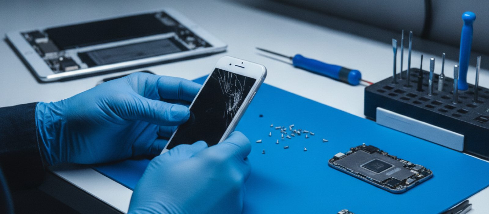 Yenilenmiş iPhone ve iPad modelleri bir masa üzerinde yan yana duruyor, arka planda teknoloji mağazası atmosferi