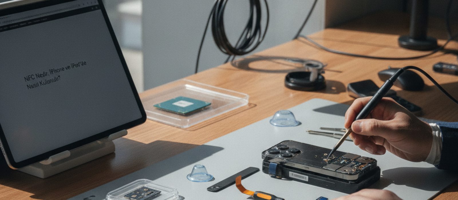 Bir iPhone'un temassız ödeme terminaline yaklaştırıldığı anı gösteren görsel, NFC kullanımını vurguluyor.