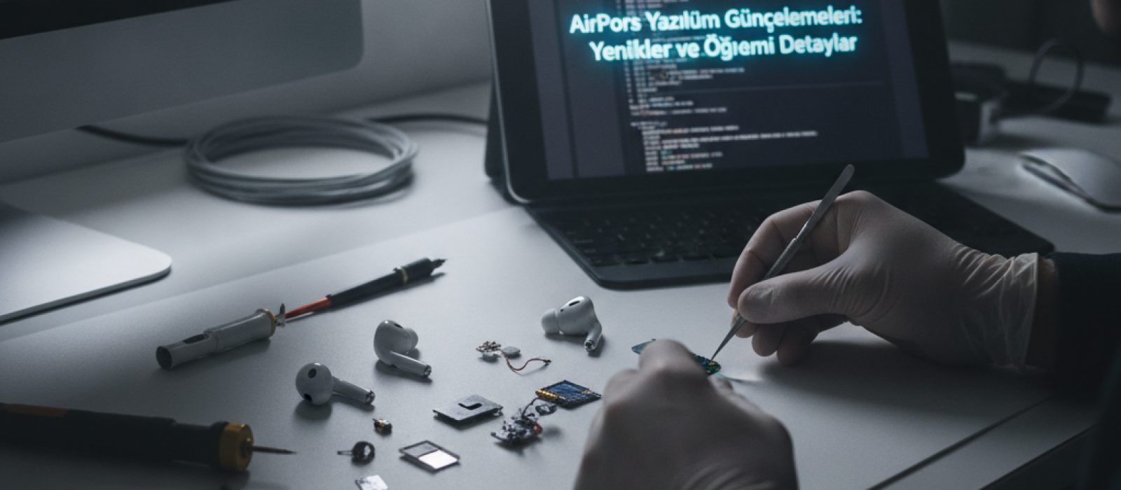 AirPods Pro şarj kutusu açık, kulaklıklar içinde duruyor ve etrafında bir iPhone ekranı bulanık görünüyor, yazılım güncelleme