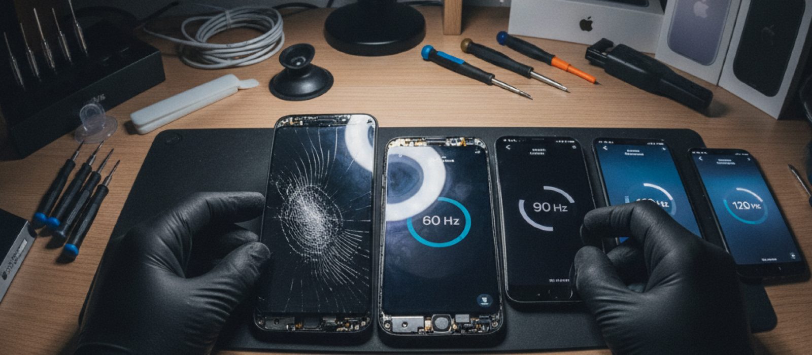 Farklı yenileme hızlarını temsil eden 60 Hz, 90 Hz ve 120 Hz etiketli üç farklı akıllı telefon ekranı