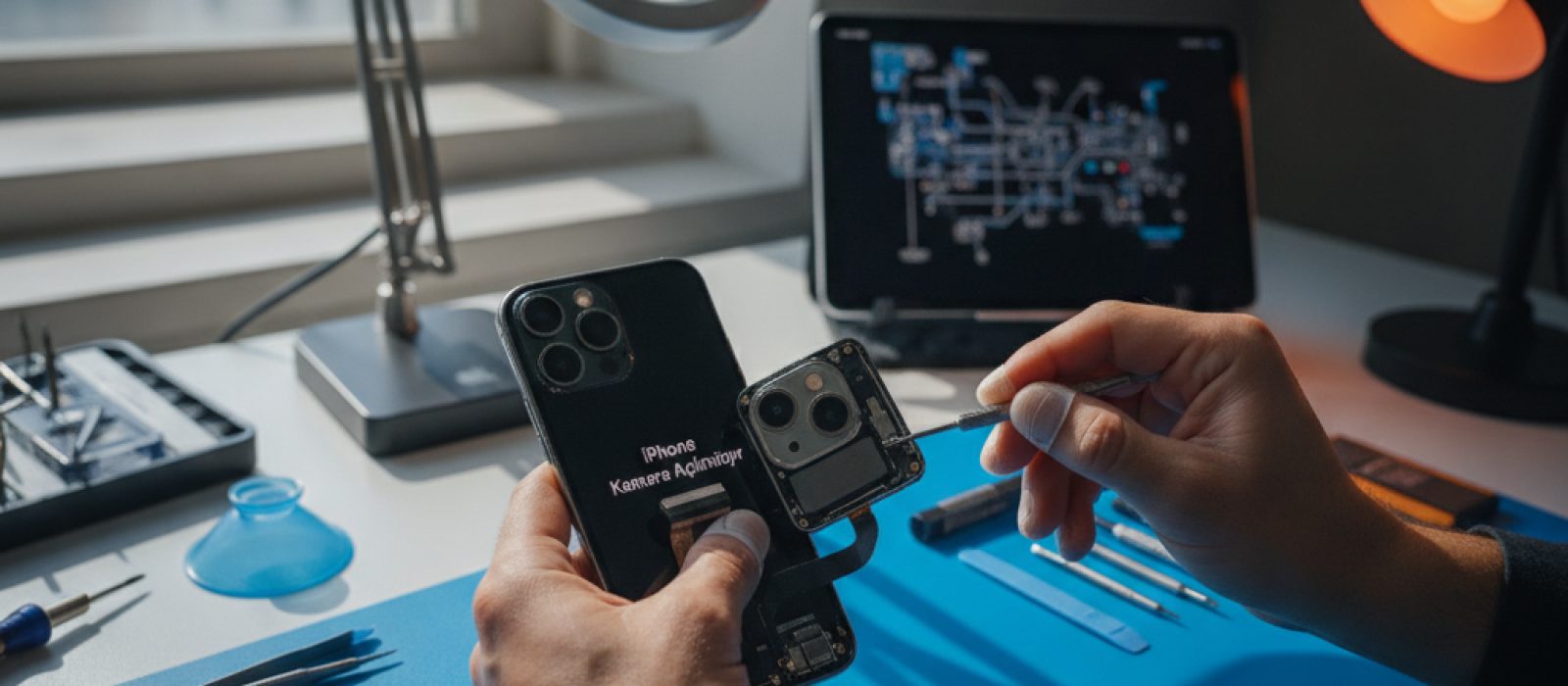 iPhone kamerasının açılmaması sorununu gösteren, siyah ekranlı bir iPhone'u tutan el