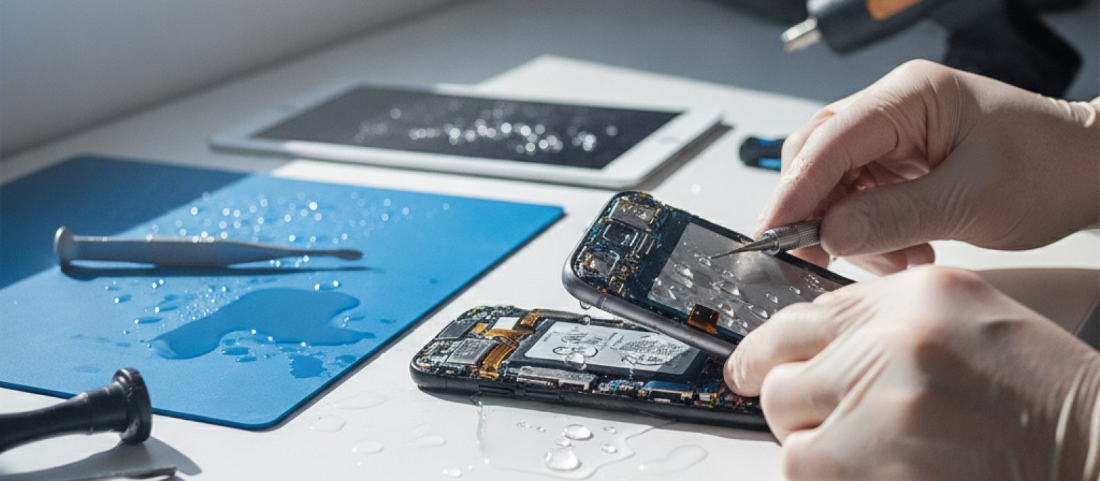Sıvı teması sonrası hasar görmüş bir iPhone ekranı ve etrafındaki su birikintisi, acil müdahale gerekliliğini vurguluyor.