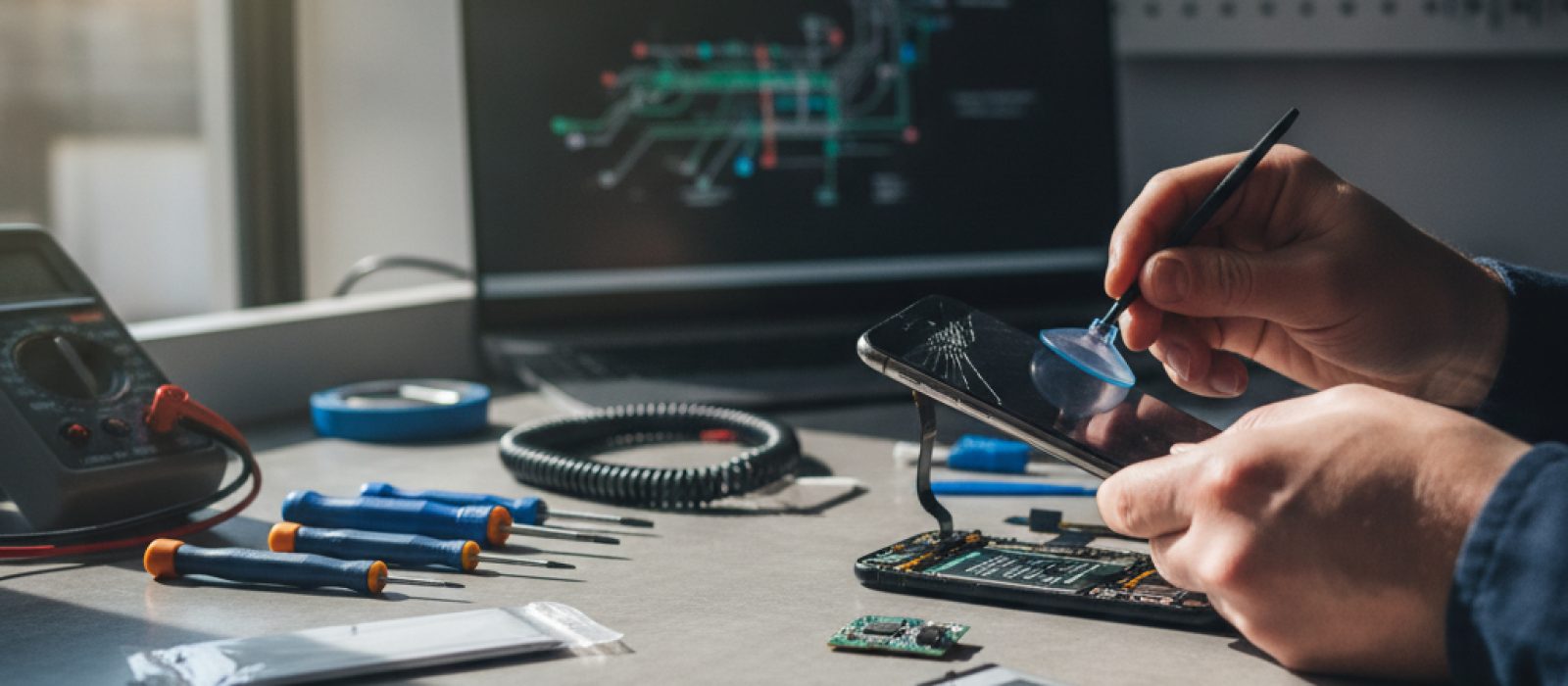 Eski iPhone'u satmadan önce yapılması gerekenleri gösteren bir masaüstü düzenlemesi, telefon, bilgisayar ve yedekleme ikonlar