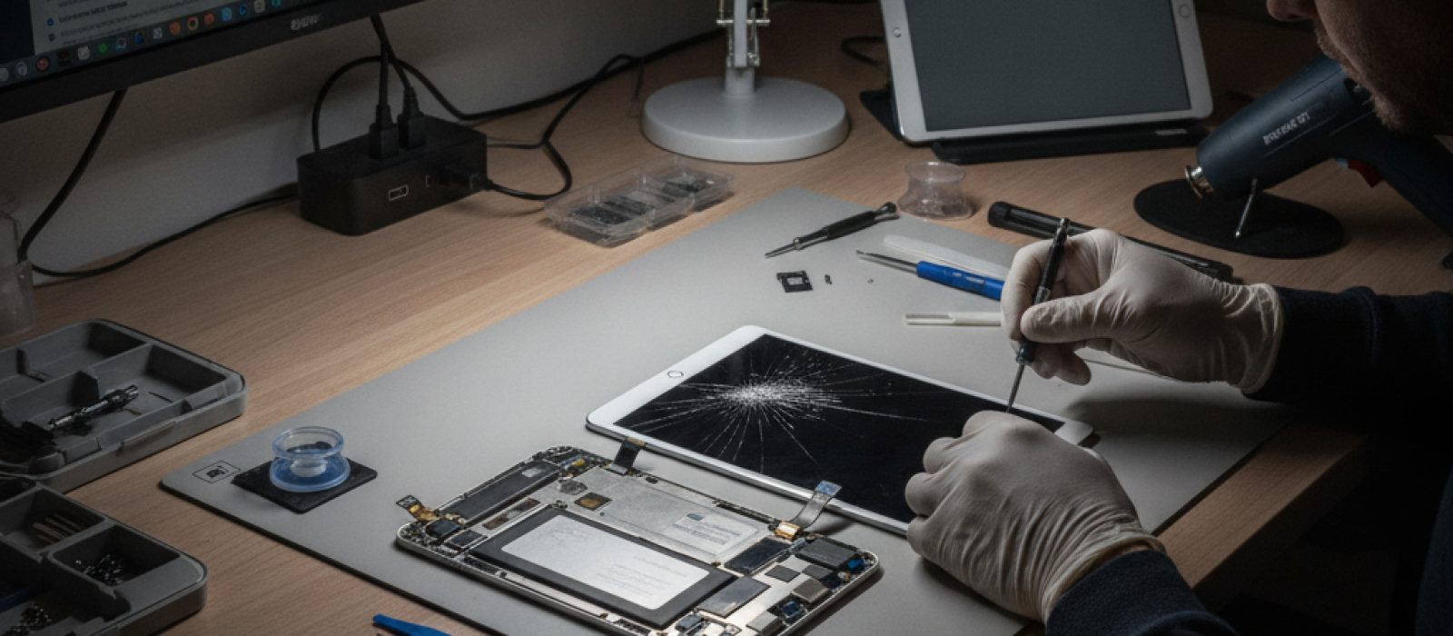 iPad ekranında dokunmatiğin çalışmadığını gösteren bir el ve servis logosu