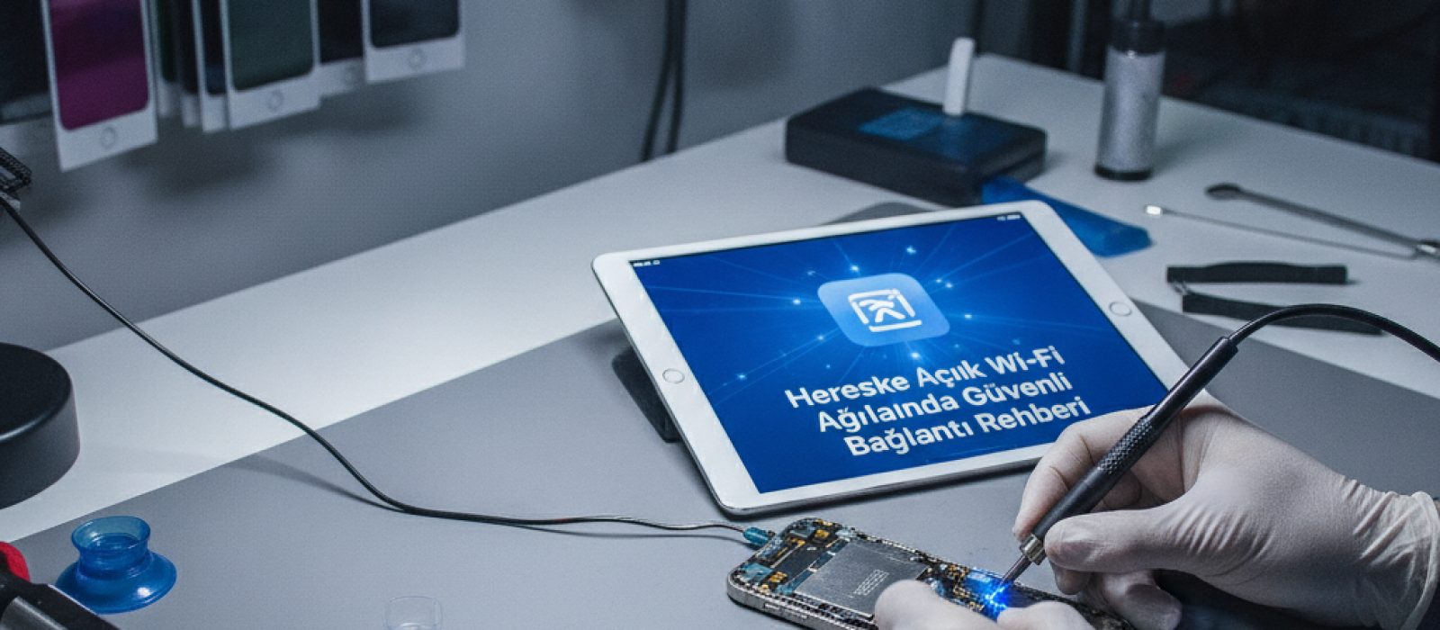 Herkese açık Wi-Fi ağında güvenli bağlantı için iPhone kullanan bir kişi
