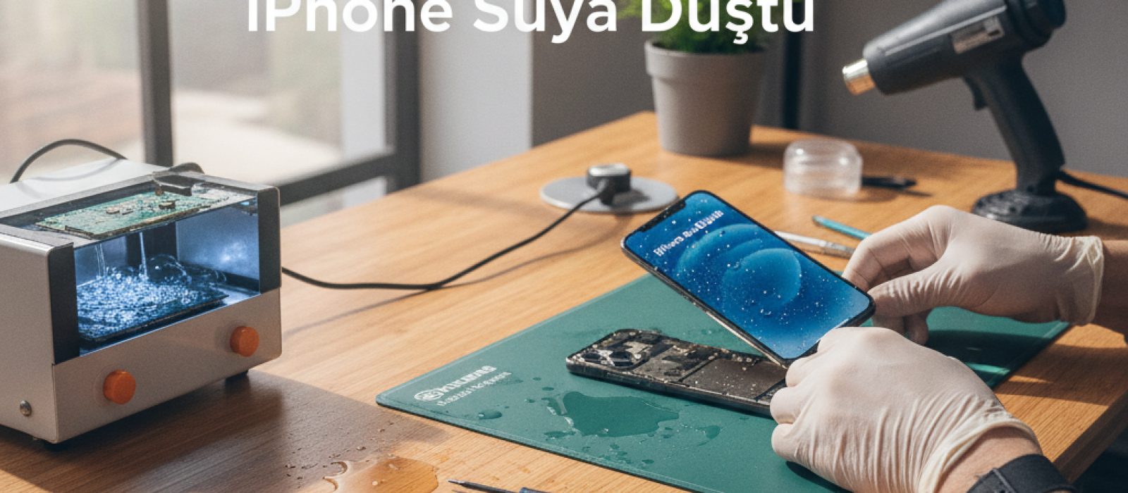 Suya düşmüş bir iPhone'u kurulamaya çalışan bir kişi, acil müdahale anını gösteriyor