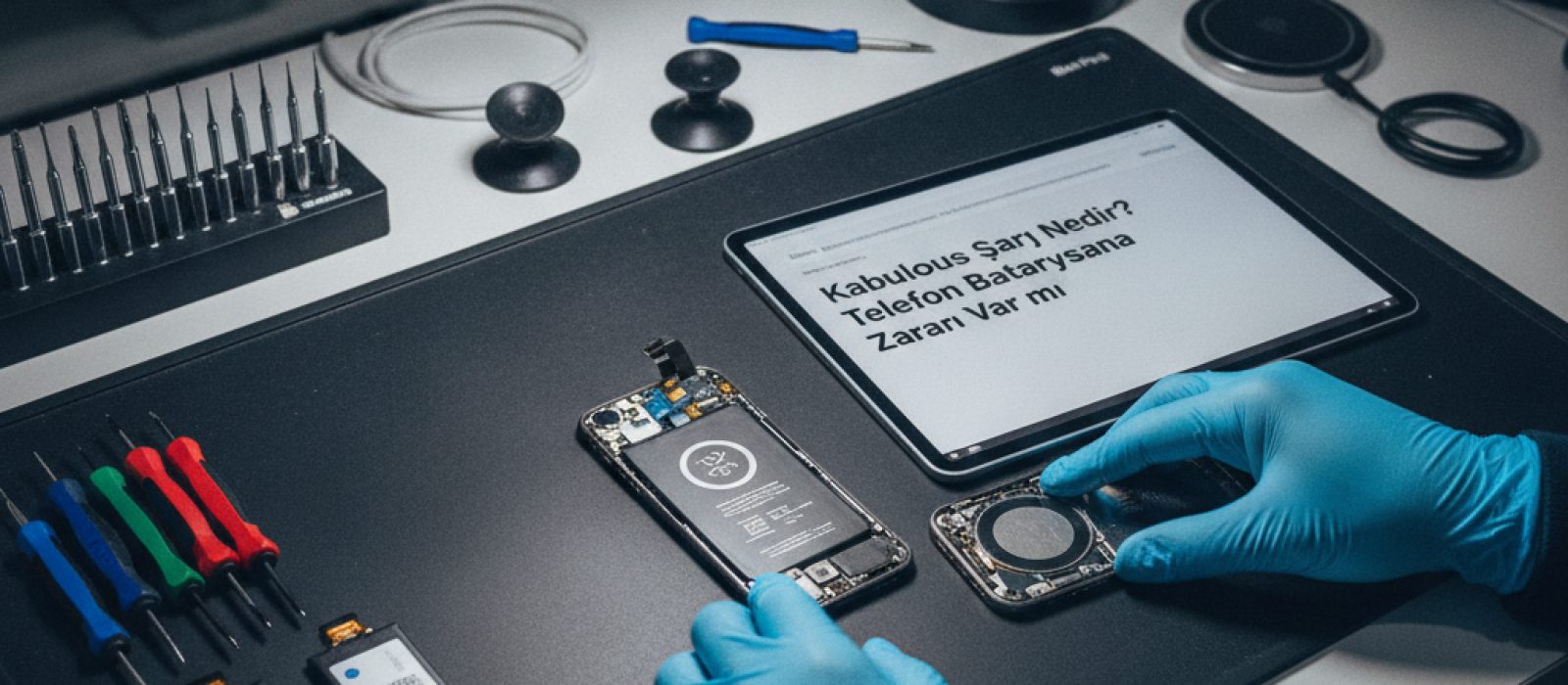 Bir iPhone'un kablosuz şarj pedi üzerinde şarj olduğunu gösteren yakın plan görseli