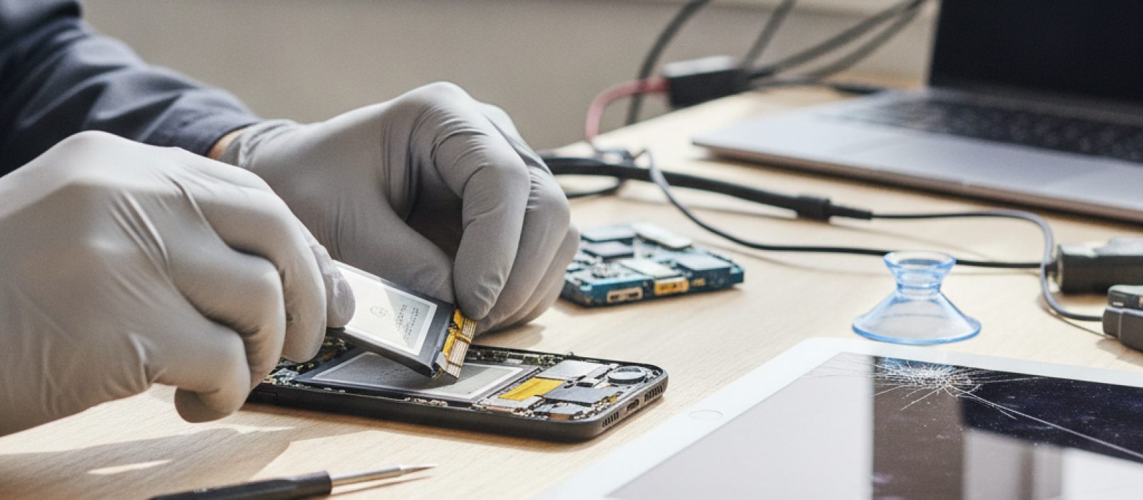 iPhone ve iPad tamir araçları ile yeni bir iPhone kutusunun yan yana durduğu bir masaüstü görüntüsü, karar verme sürecini sim