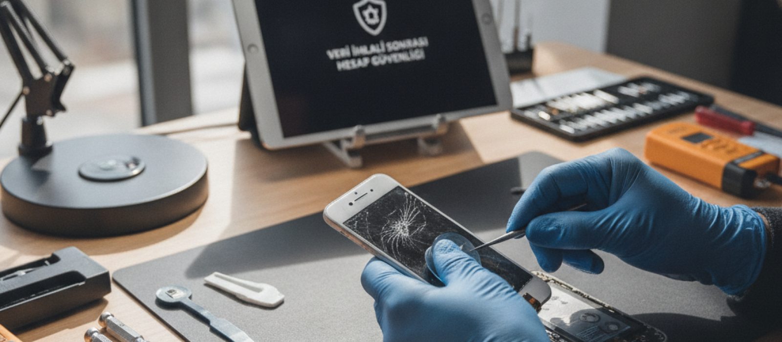 Veri ihlali sonrası hesap güvenliği için adımlar atan bir kişinin bilgisayar ekranı ve mobil cihazı