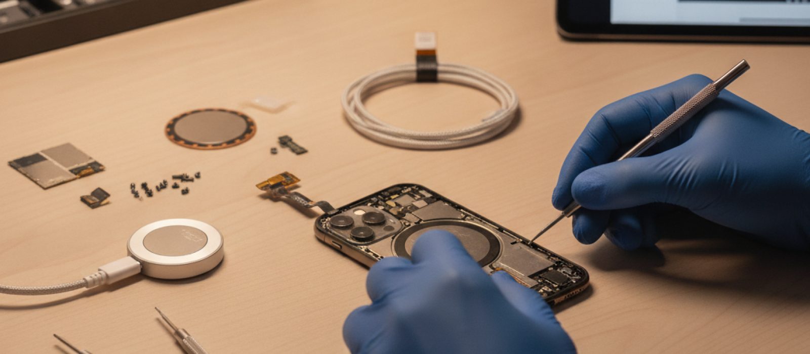 MagSafe şarj cihazına takılı iPhone ve etrafındaki MagSafe uyumlu aksesuarların (cüzdan, batarya) yakın çekim görseli