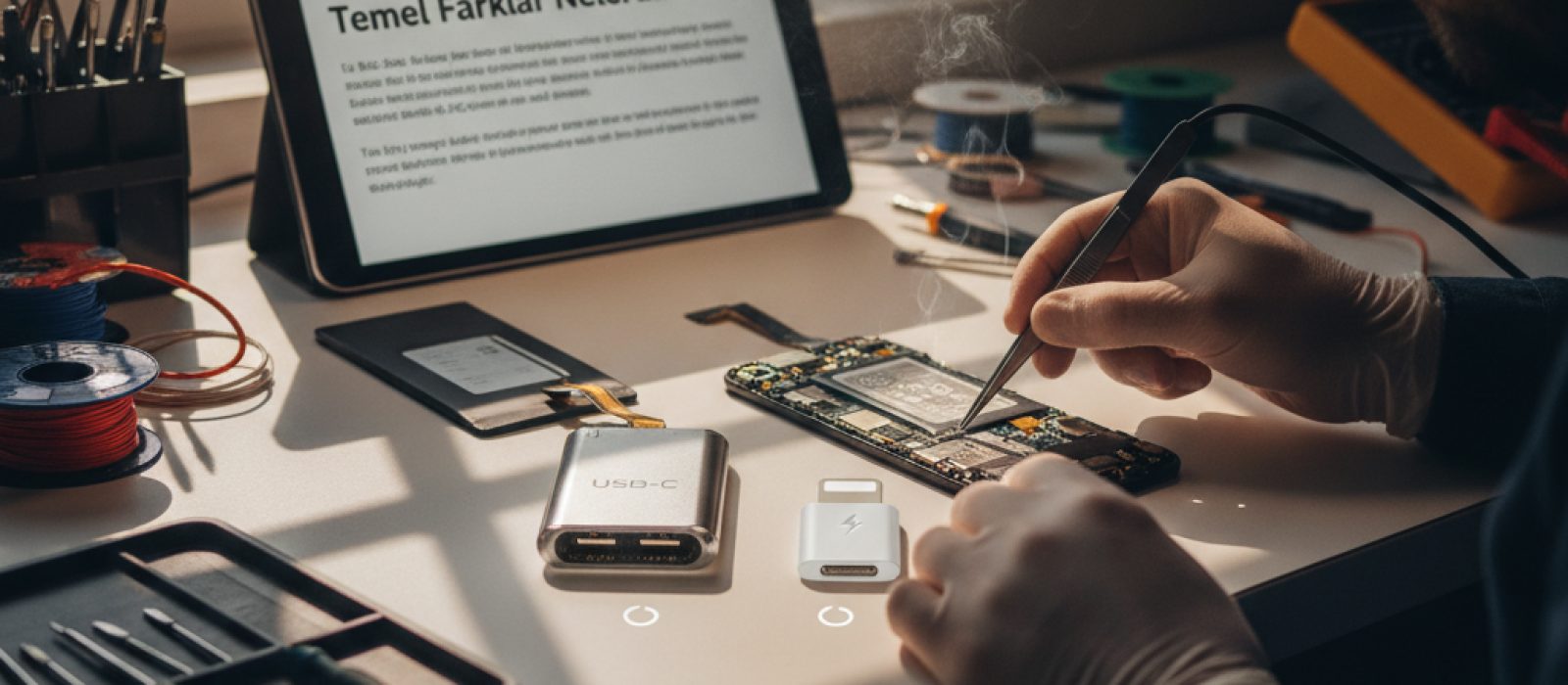 USB-C ve Lightning kablolarının yan yana durduğu, farklılıkları gösteren görsel