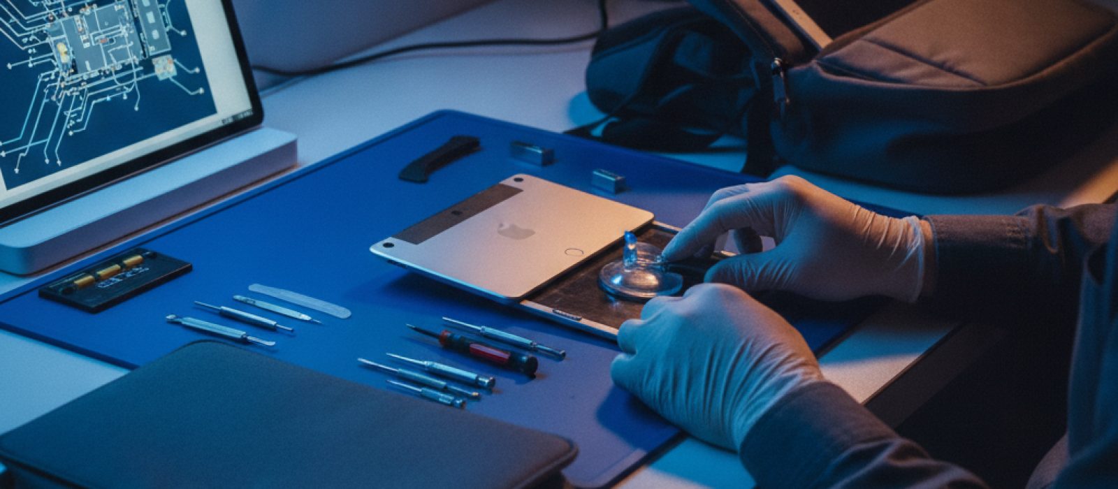 iPad'i çantada koruyucu kılıf içinde taşıyan bir kişi, eğilme riskini azaltan önlemleri vurguluyor
