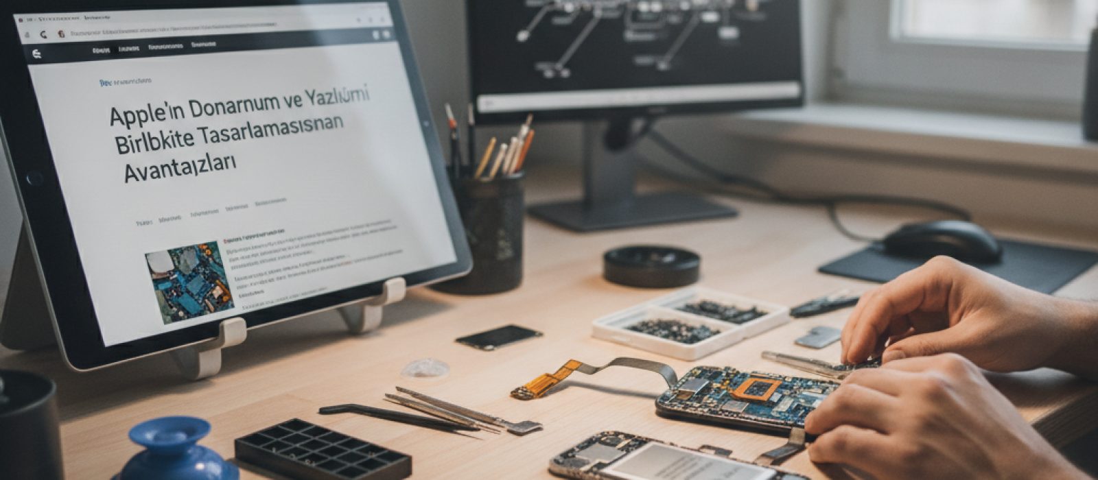 Apple cihazlarının içindeki entegre donanım ve yazılım bileşenlerini gösteren soyut bir görsel