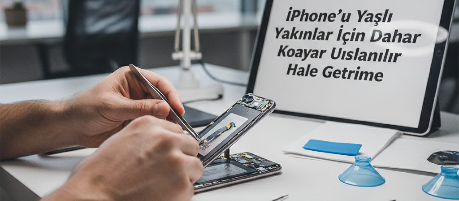 Yaşlı bir kişinin iPhone ekranındaki büyük metinleri okuduğunu gösteren yakın çekim bir fotoğraf.