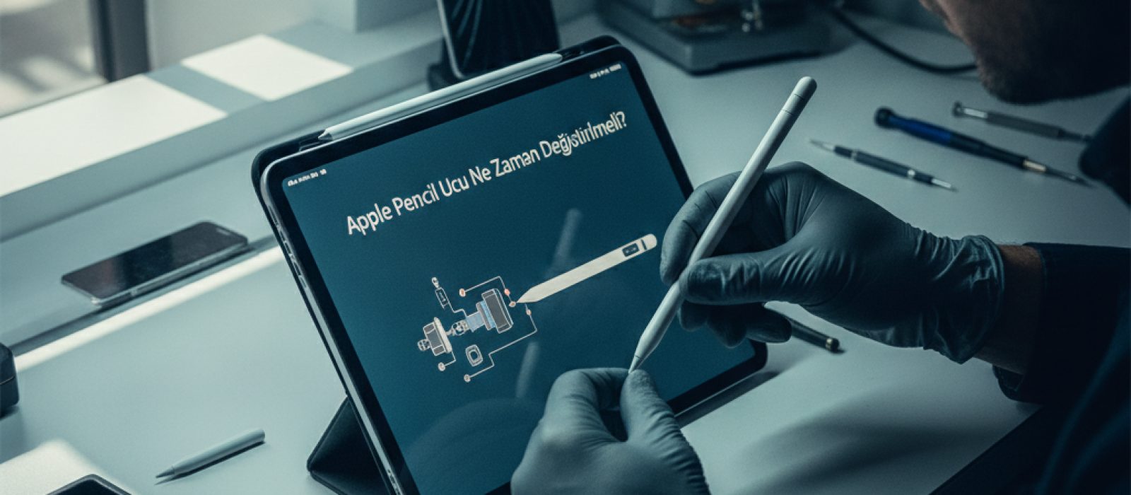 Apple Pencil ucu yakın çekim. Uç, aşınmış bir şekilde görünüyor ve değiştirilmesi gerektiğine işaret ediyor.