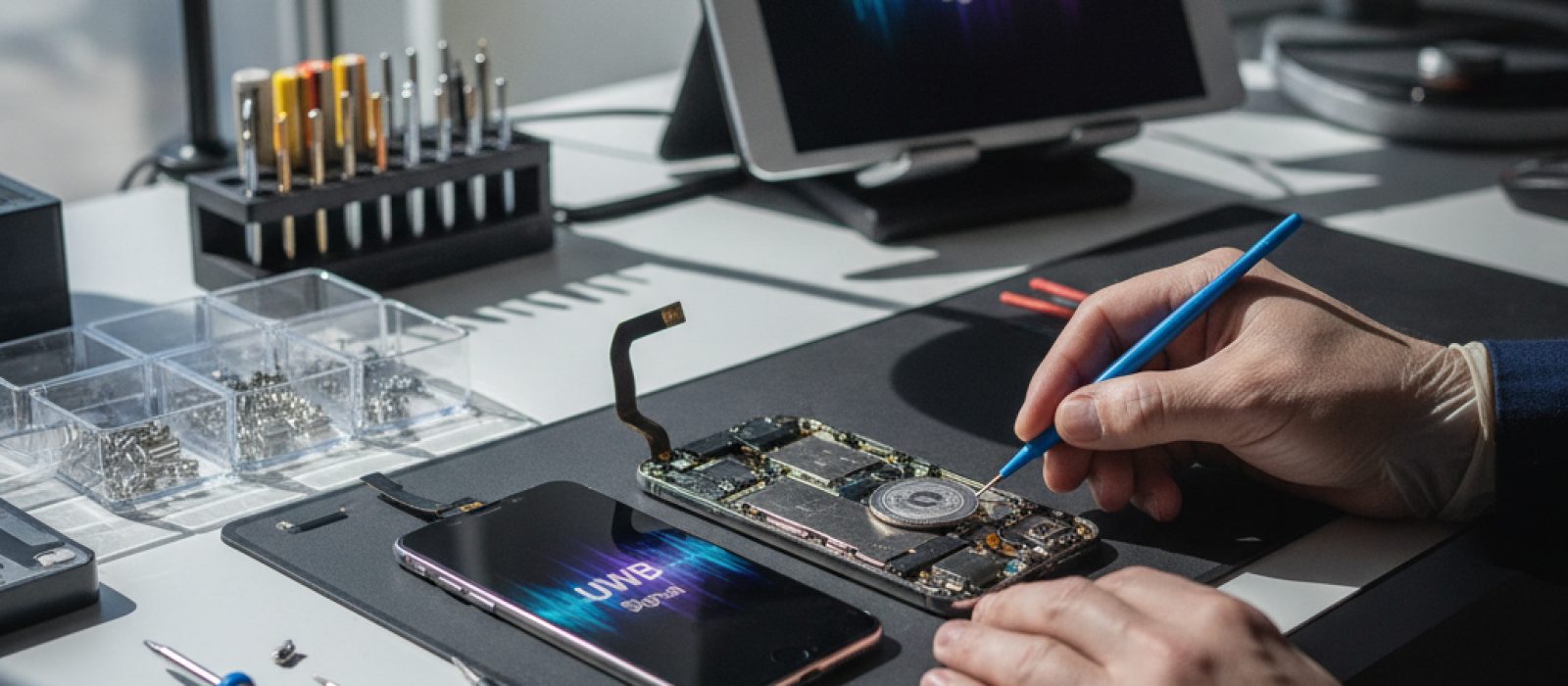 UWB destekli iPhone ve AirTag'in bir anahtarlık üzerinde yakın çekim görüntüsü, hassas konumlandırmayı vurguluyor.