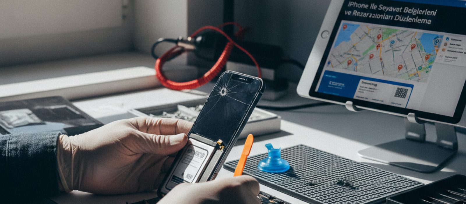 iPhone ekranında açık seyahat belgeleri ve biletler gösteriliyor, düzenli ve dijital organizasyonu vurguluyor