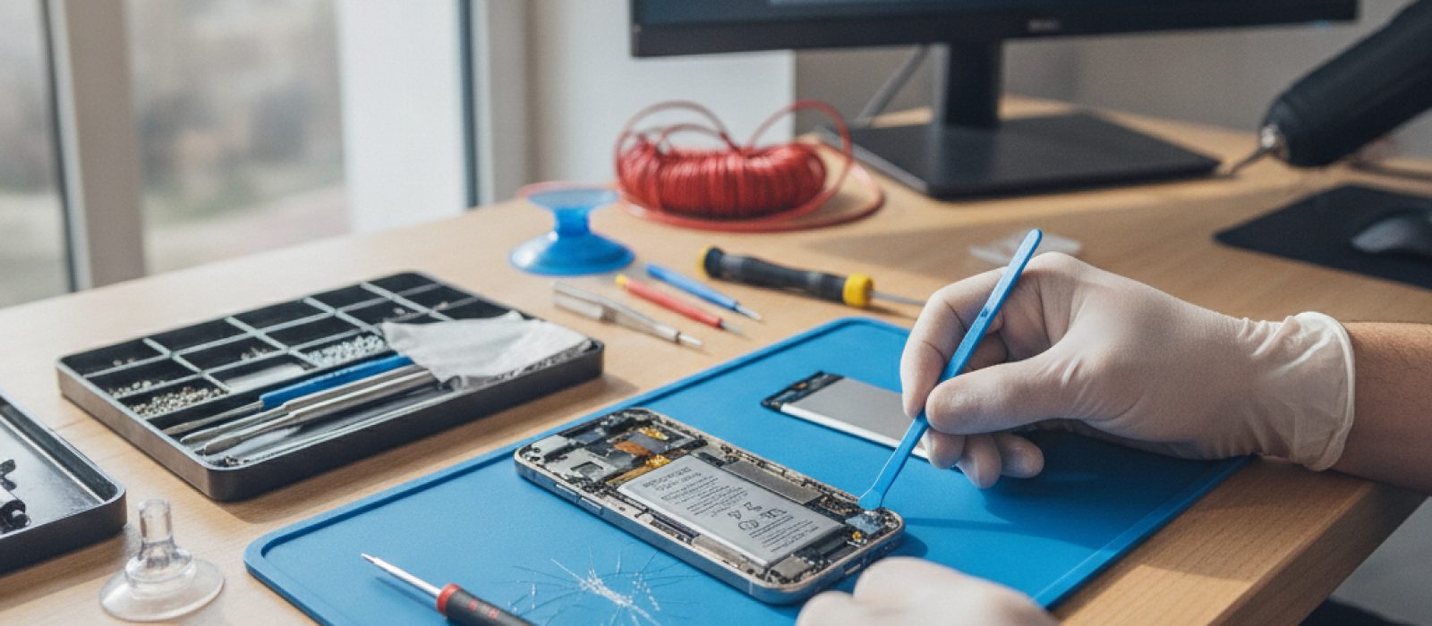 iPhone batarya değişimi sürecini gösteren bir teknisyen ve açık bir iPhone.