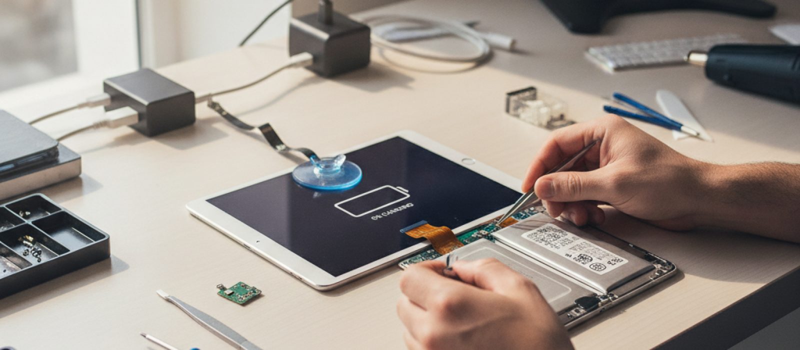 Bir iPad'in şarj kablosu takılıyken yakın çekim görüntüsü, şarj portu ve kablo ucu odak noktası