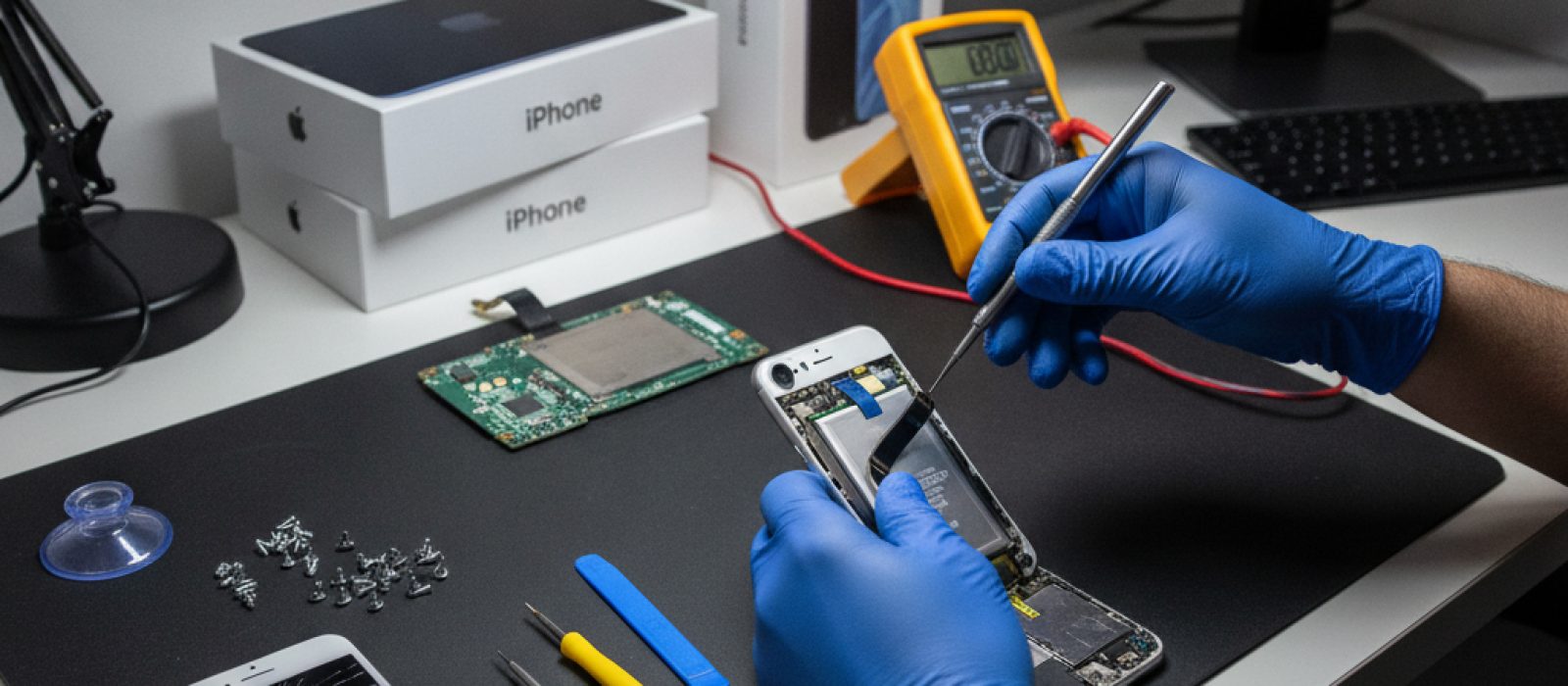 Apple logosu ve farklı tamir ekipmanları ile yetkili ve özel servis arasındaki farkı gösteren görsel