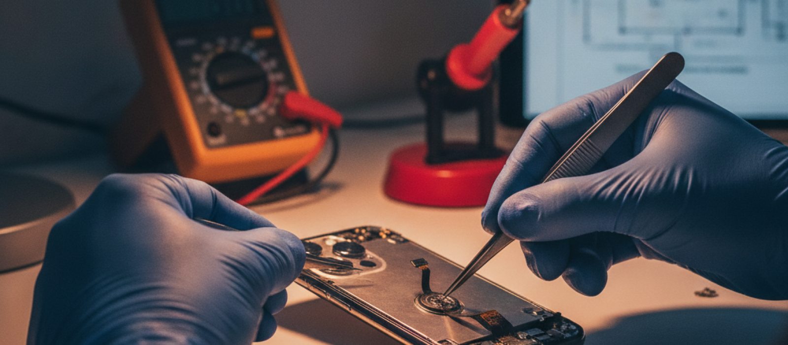 iPhone ahize kısmını gösteren, temizlik fırçası ve sorun giderme adımlarını simgeleyen bir görsel