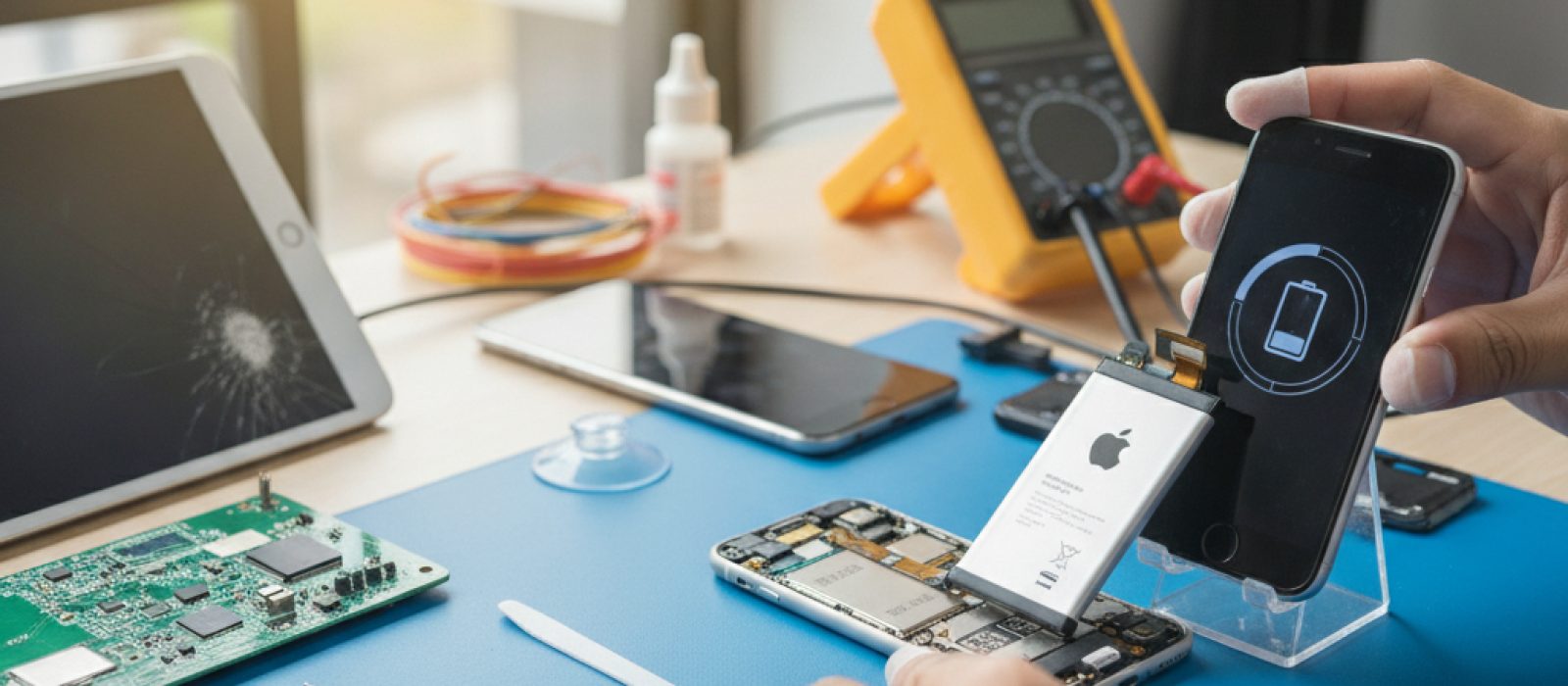 iPhone batarya değişimi sonrası pil yüzdesi düşüşünü gösteren grafik ve cihaz