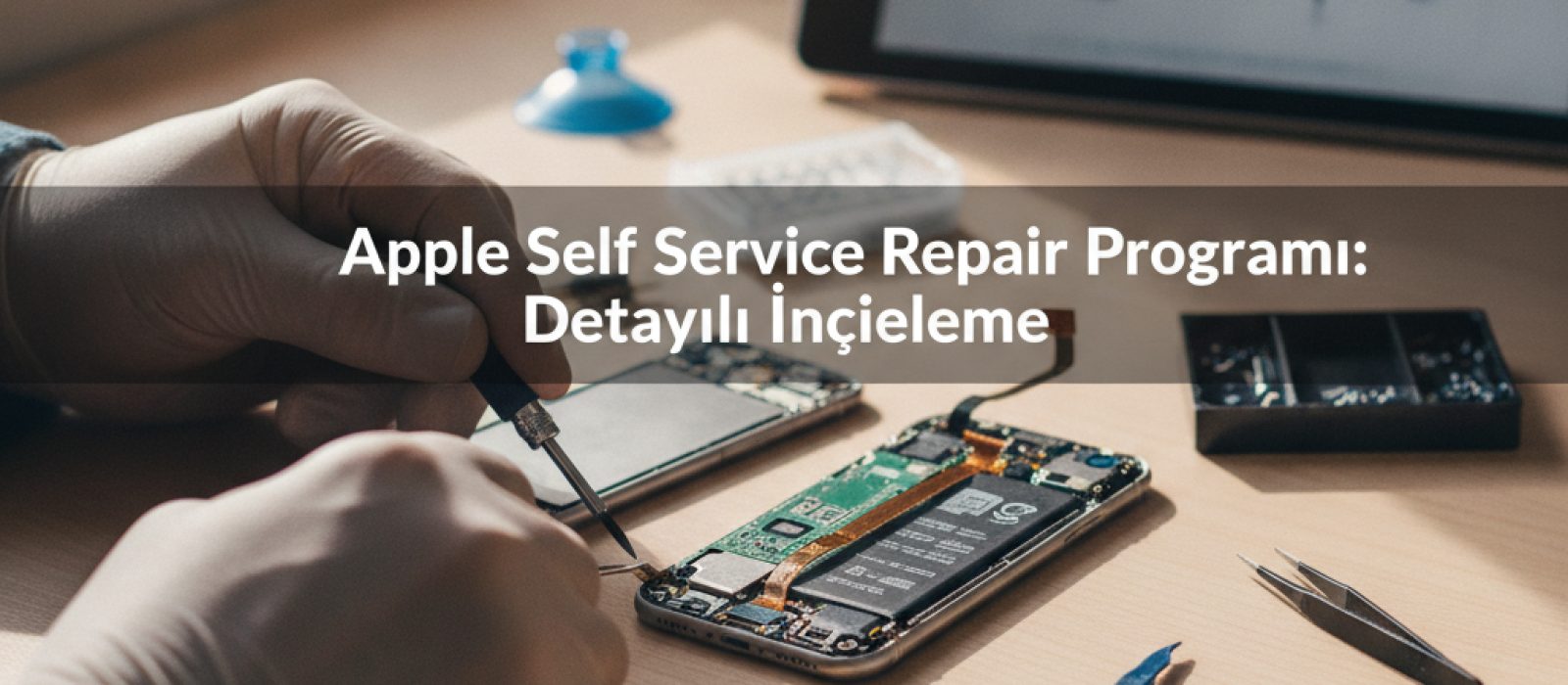 Apple Self Service Repair programının tanıtım görseli, bir kullanıcının iPhone'unu tamir ederken elinde araç tuttuğu yakın çe