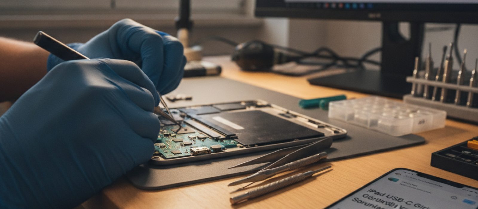 iPad'den harici bir monitöre USB-C kablosu ile bağlantı yapmaya çalışan bir kişinin yakın çekim eli