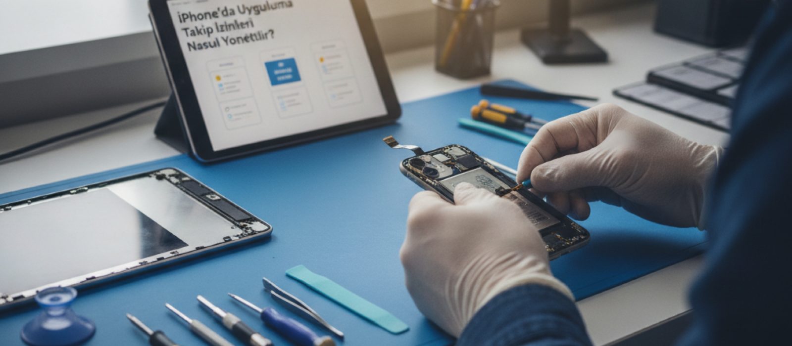 iPhone ekranında uygulama takip izinleri ayarları gösteriliyor, kullanıcı gizlilik kontrolünü simgeliyor