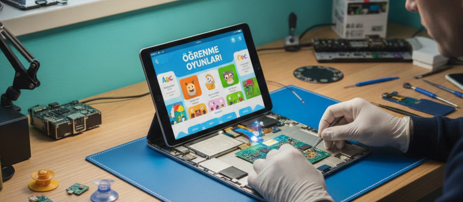 Çocuğun iPad kullanarak ders çalıştığı veya oyun oynadığı güvenli ve kontrollü bir ortamı gösteren görsel