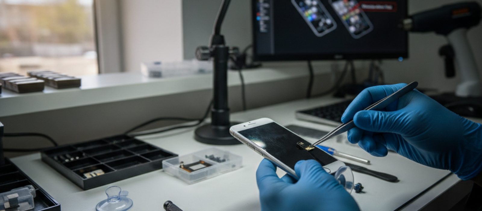 iPhone sessize alma tuşu sorununu gösteren yakın çekim, temizlik veya tamir adımlarını ima eden bir görsel.