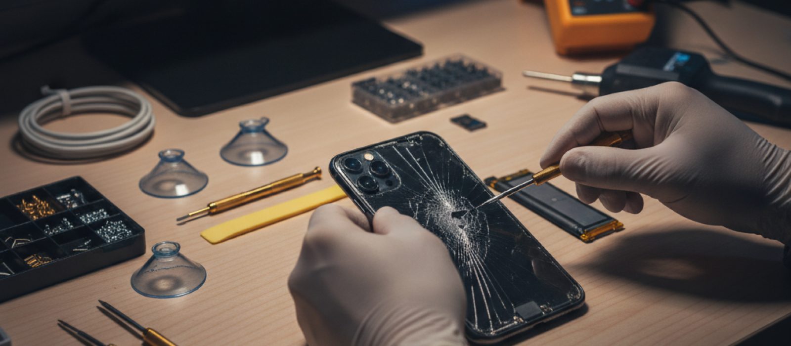 Çatlamış iPhone arka kapağını gösteren yakın çekim bir fotoğraf