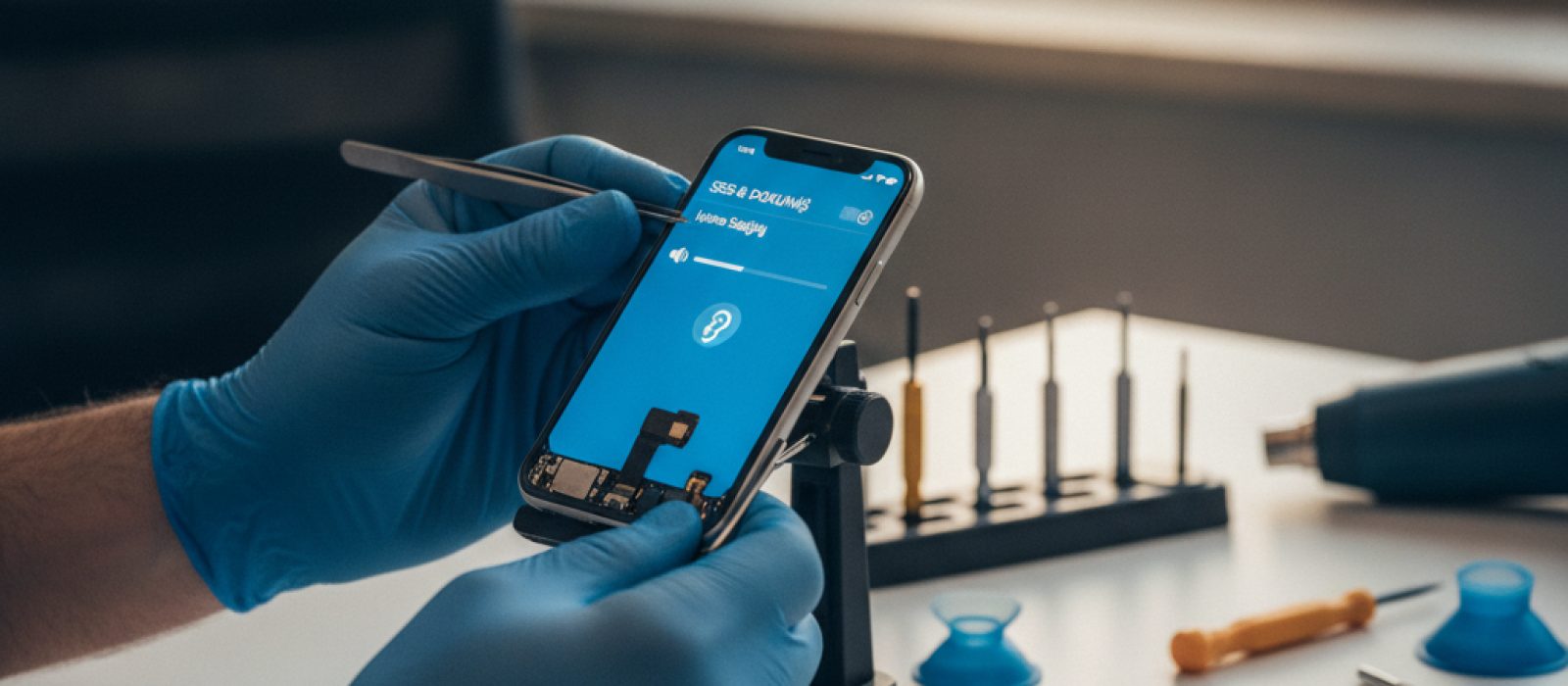 iPhone ekranında işitme sağlığı ayarları ve kulaklık takan bir kişi