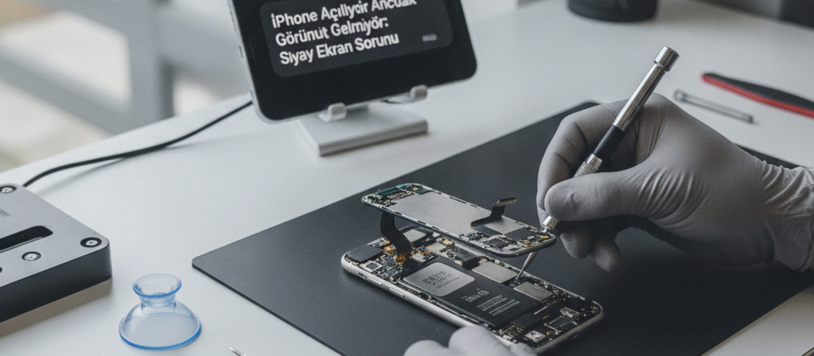 Siyah ekran sorunu yaşayan bir iPhone'u tutan el, arka planda tamir araçları