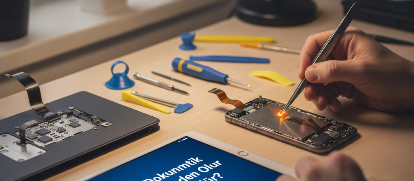 iPhone ekranında dokunmatik gecikmesi yaşayan bir kullanıcı, parmağıyla ekrana dokunurken düşünceli bir ifadeyle bakıyor.