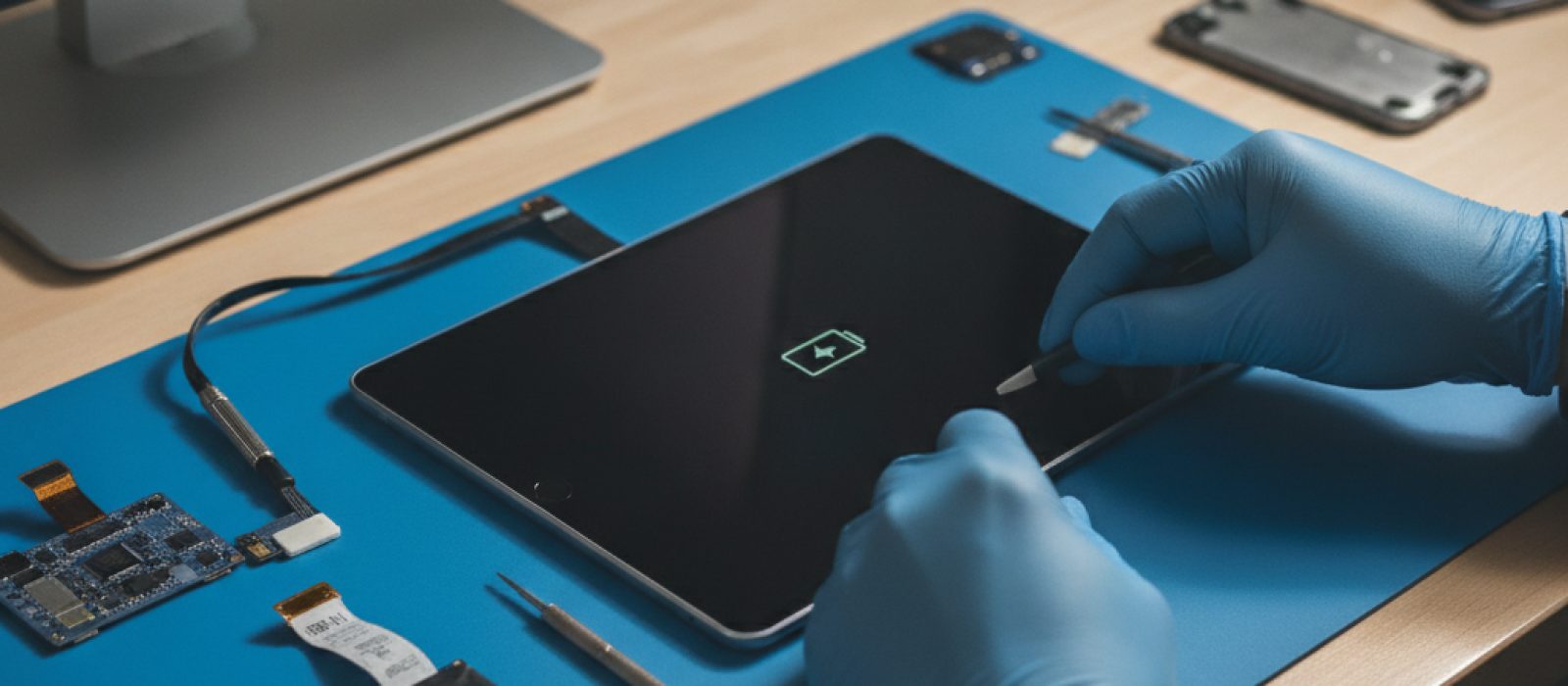 Siyah ekranda duran ve açılmayan bir iPad'i elinde tutan bir kişi, donanımsal sorunu çağrıştırıyor.