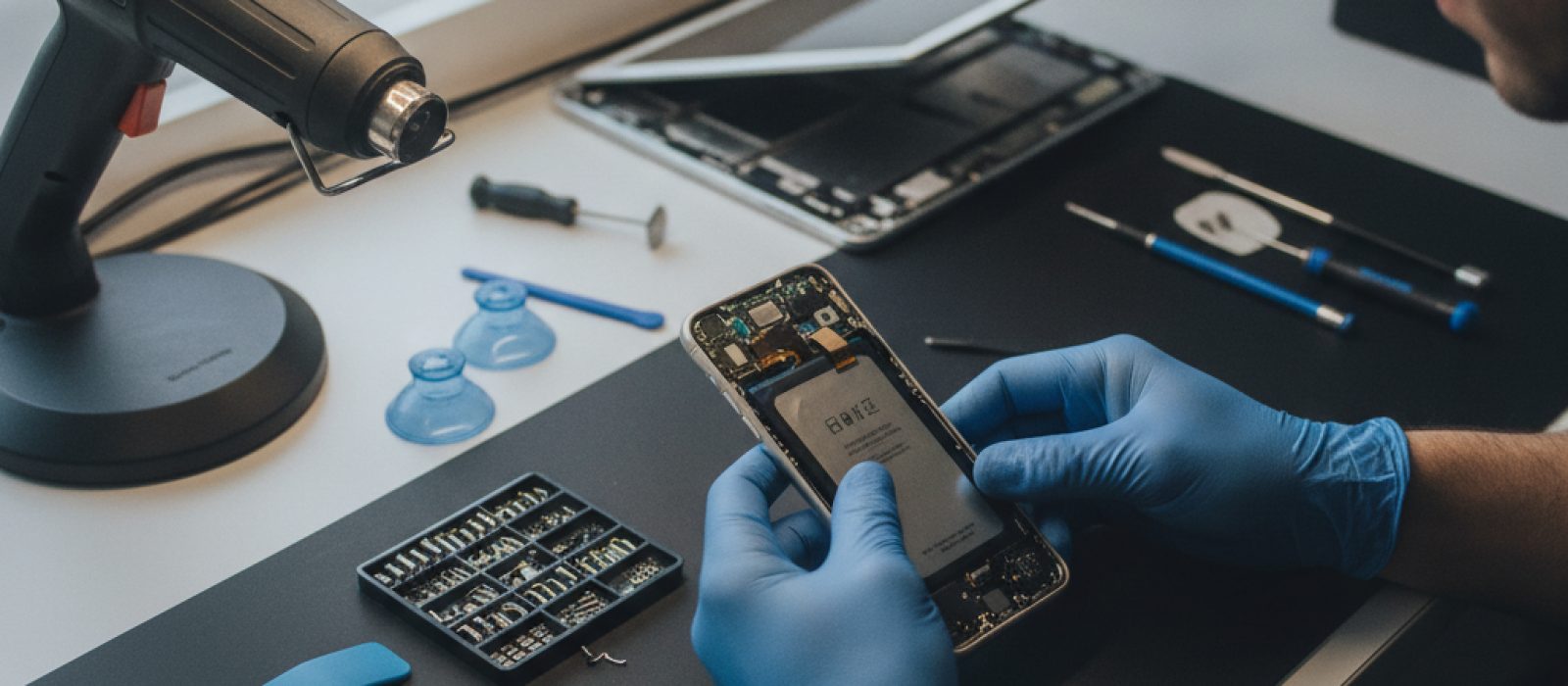 iPhone'un kasasından ayrılmış bir ekranı gösteren yakın çekim bir görsel, iç bileşenler hafifçe görünüyor.