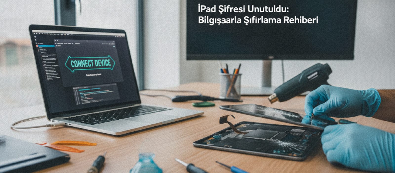 Bilgisayara bağlı kilitli bir iPad ekranı, unutulan şifre sorununu ve sıfırlama işlemini simgeliyor