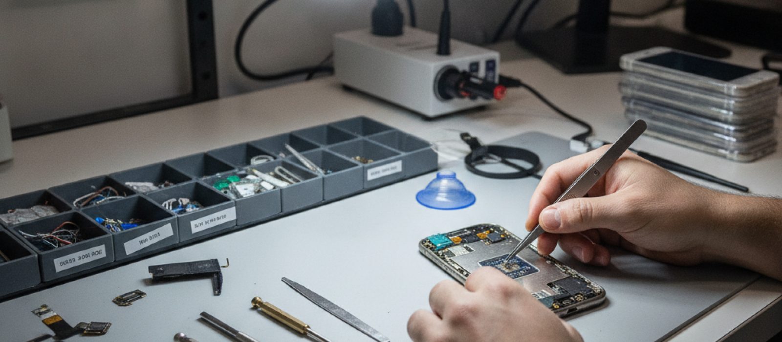 iPhone anakartı üzerinde mikro-lehimleme ile tamir edilen ses entegresi çipi