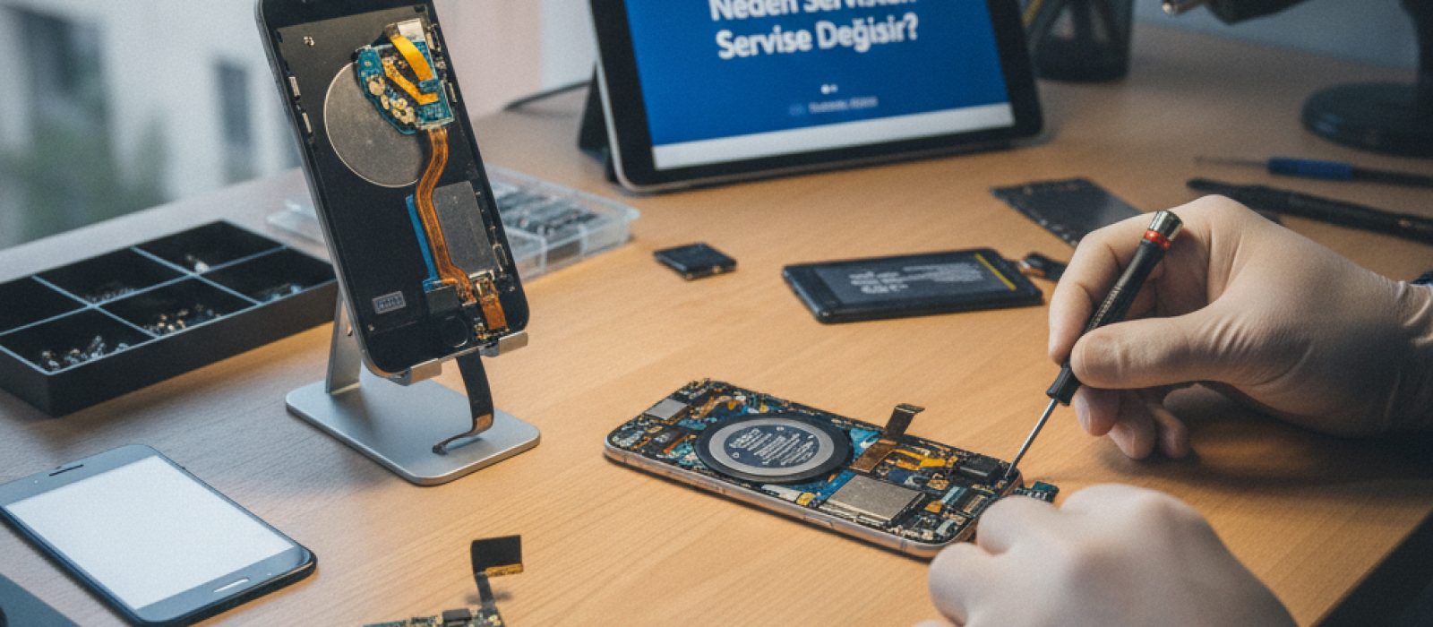 Farklı fiyat etiketleri ve bir iPhone'un iç parçaları, tamir maliyetleri arasındaki farkı simgeliyor.