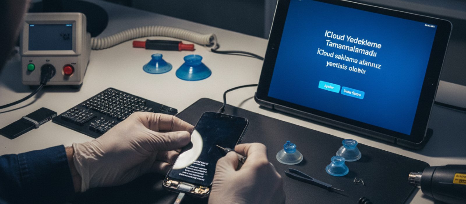 iCloud yedekleme hatası gösteren iPhone ekranı ve bulut simgesi