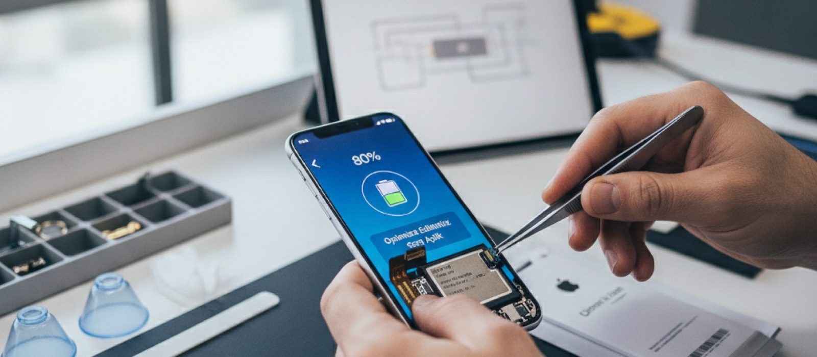 iPhone şarj kablosu takılı, pil göstergesi yüzde 80'de durmuş bir ekranı gösteriyor