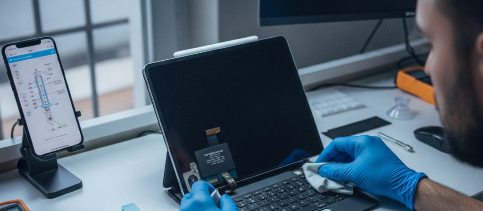 iPad ve Magic Keyboard'un Smart Connector temas noktaları yakından görünümü, temizlik sırasında